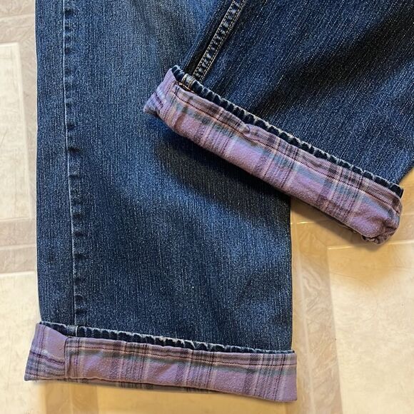 WOMEN’S EDDIE BAUER NATURAL FIT PURPLE PLAID FLANNEL LINED JEANS SIZE 14 - Picture 5 of 9